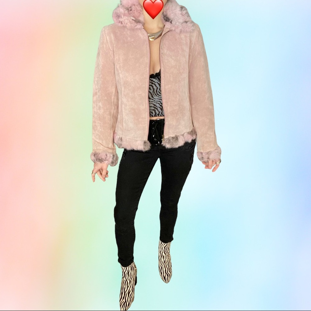 💕 RETRO BARBIECORE PINK SUEDE & RABBIT FUR MOTO JACKET SZ M